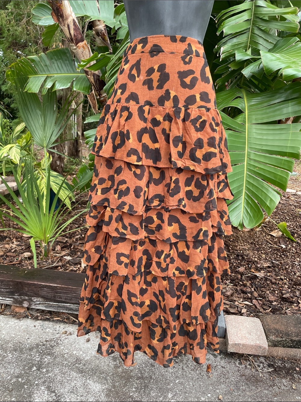 Farm Rio, drop waste leopard print ruffled maxi skirt